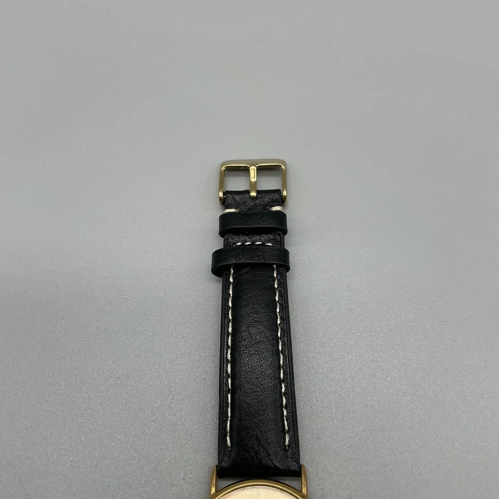 Vintage Seiko Mens Watch 31mm Gold Tone Black Leather 7N00-7A49 New Battery